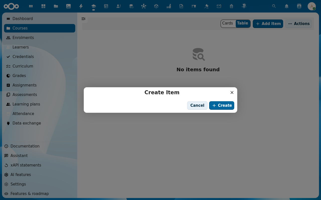 Course dialog filled in